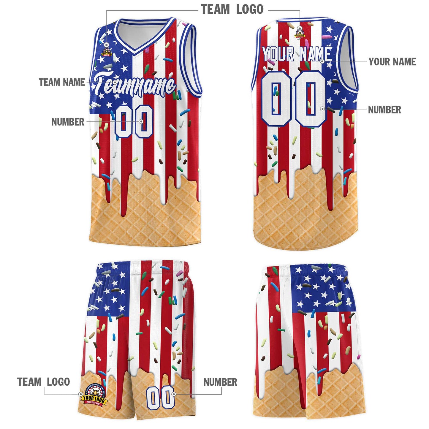 Custom American Flag Basketball Kits with Ice Cream Element Pattern