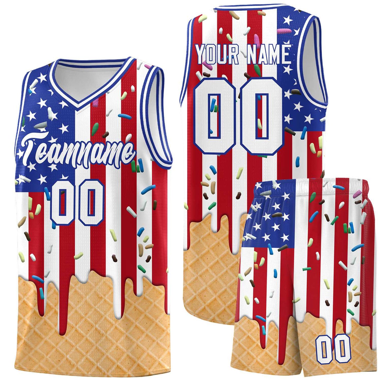Custom American Flag Basketball Kits with Ice Cream Element Pattern